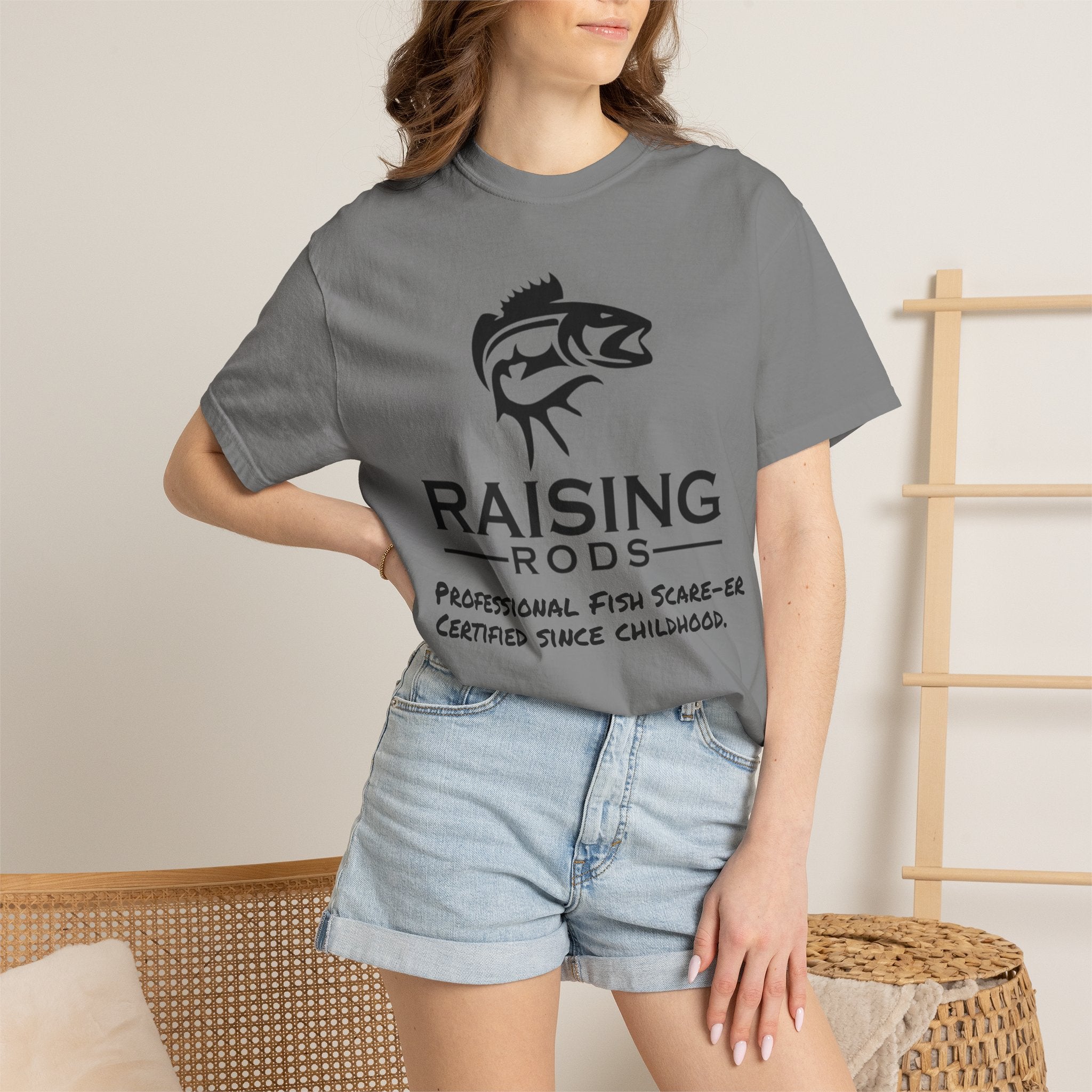 Raising Rods Fishing T‑Shirt — "Raising Rods: Professional Fish Scare-er, Certified Since Childhood"