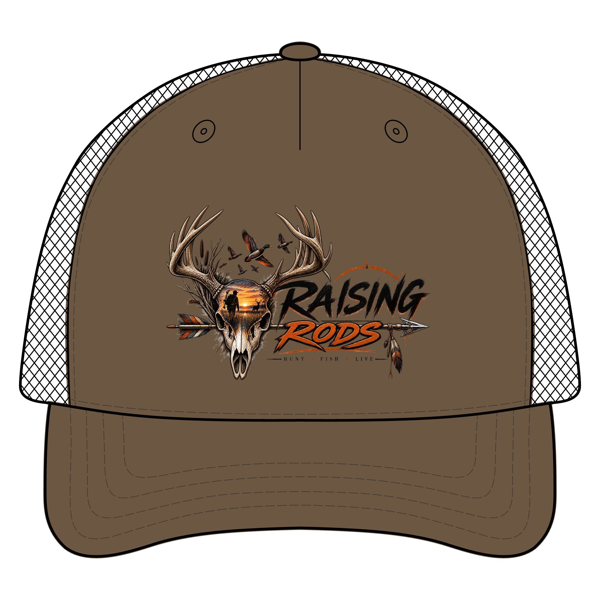 Raising Rods Deer Skull Trucker Hat — Hunting Camouflage Mesh Cap