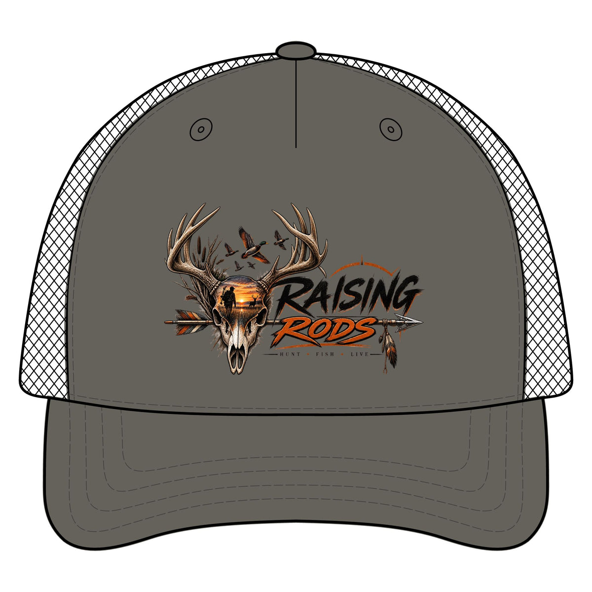 Raising Rods Deer Skull Trucker Hat — Hunting Camouflage Mesh Cap