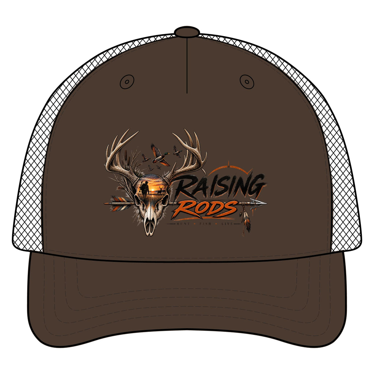 Raising Rods Deer Skull Trucker Hat — Hunting Camouflage Mesh Cap