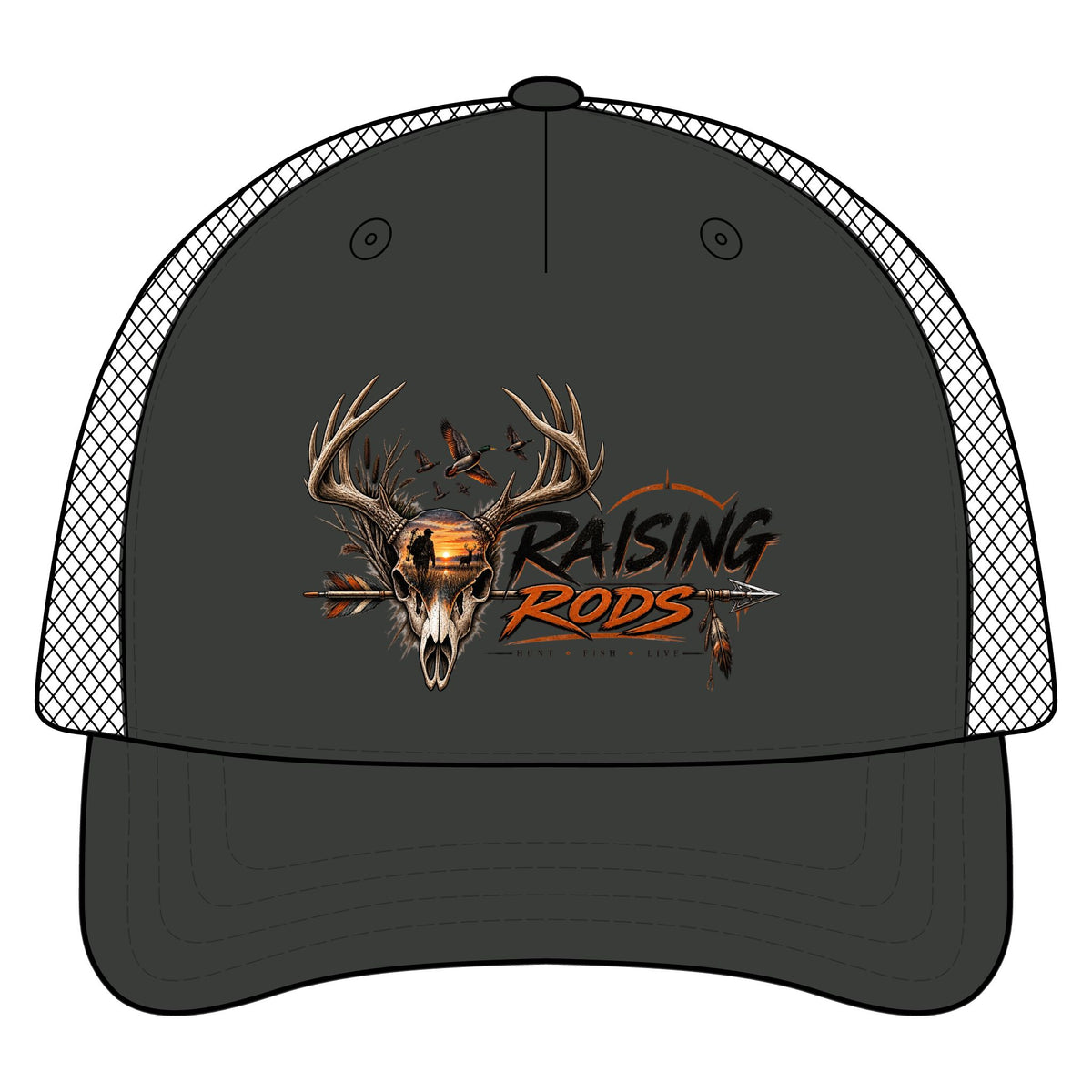 Raising Rods Deer Skull Trucker Hat — Hunting Camouflage Mesh Cap