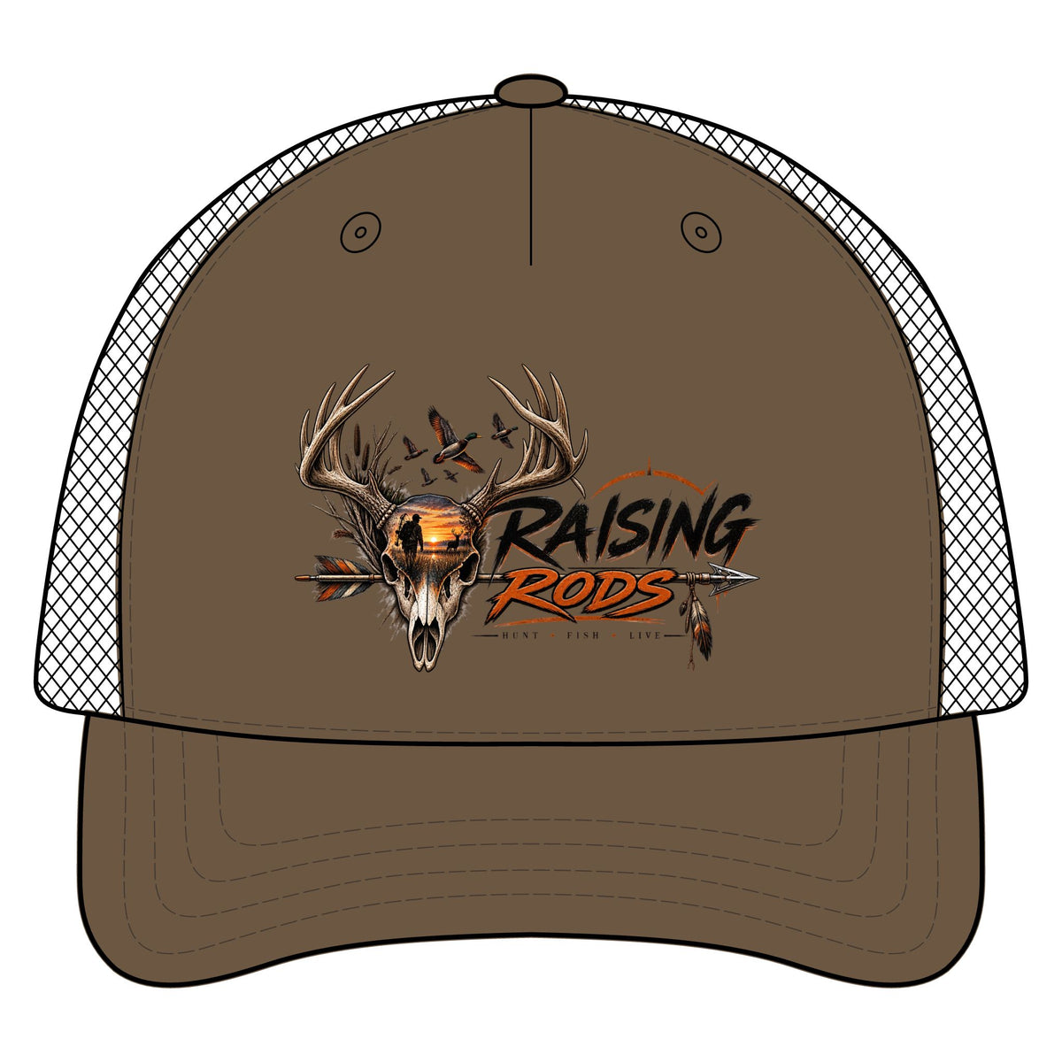 Raising Rods Deer Skull Trucker Hat — Hunting Camouflage Mesh Cap