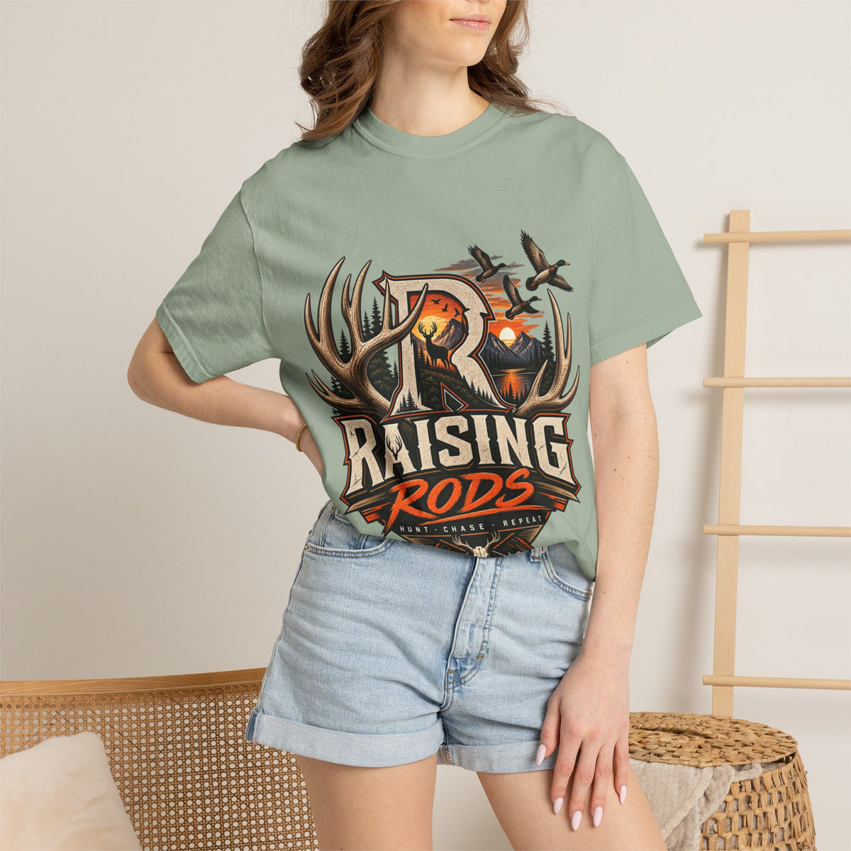 Hunting Logo T-Shirt — "Raising Rods" Deer & Duck Outdoor Tee