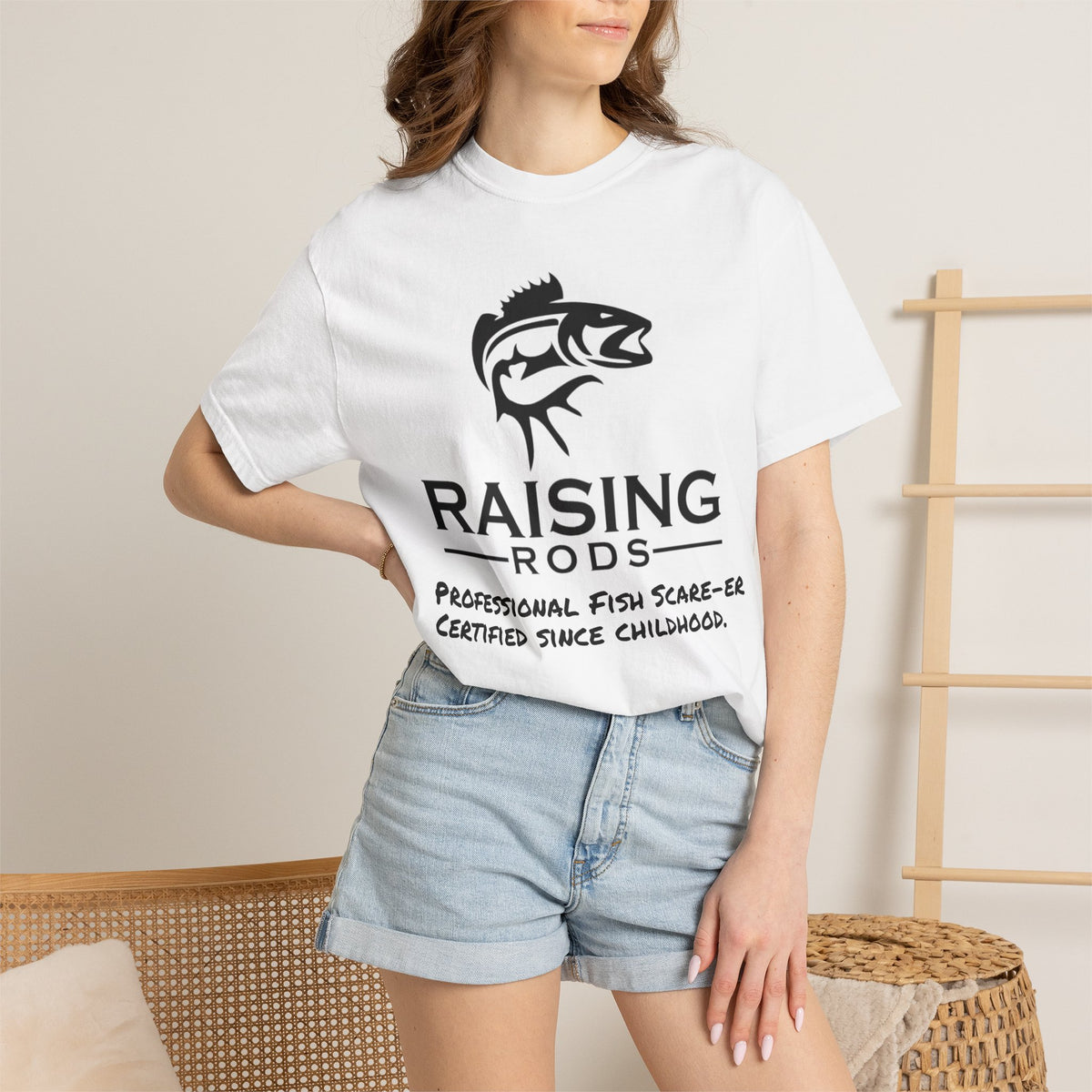 Raising Rods Fishing T‑Shirt — "Raising Rods: Professional Fish Scare-er, Certified Since Childhood"