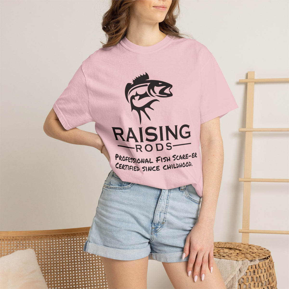 Raising Rods Fishing T‑Shirt — "Raising Rods: Professional Fish Scare-er, Certified Since Childhood"