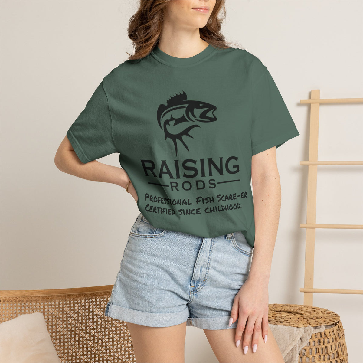 Raising Rods Fishing T‑Shirt — "Raising Rods: Professional Fish Scare-er, Certified Since Childhood"