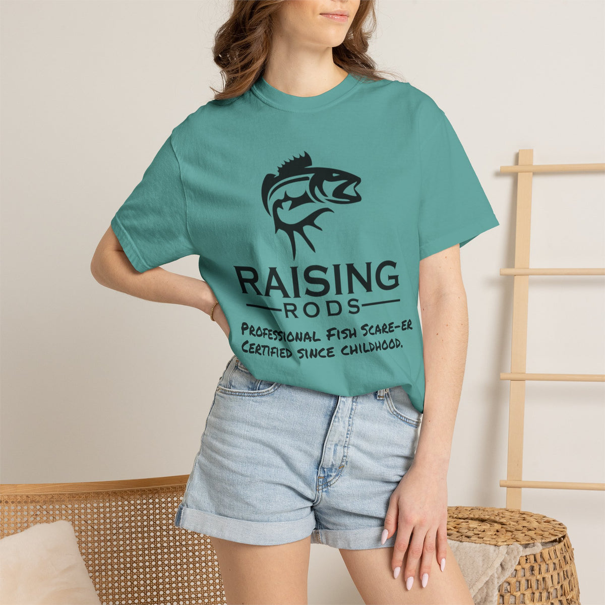 Raising Rods Fishing T‑Shirt — "Raising Rods: Professional Fish Scare-er, Certified Since Childhood"