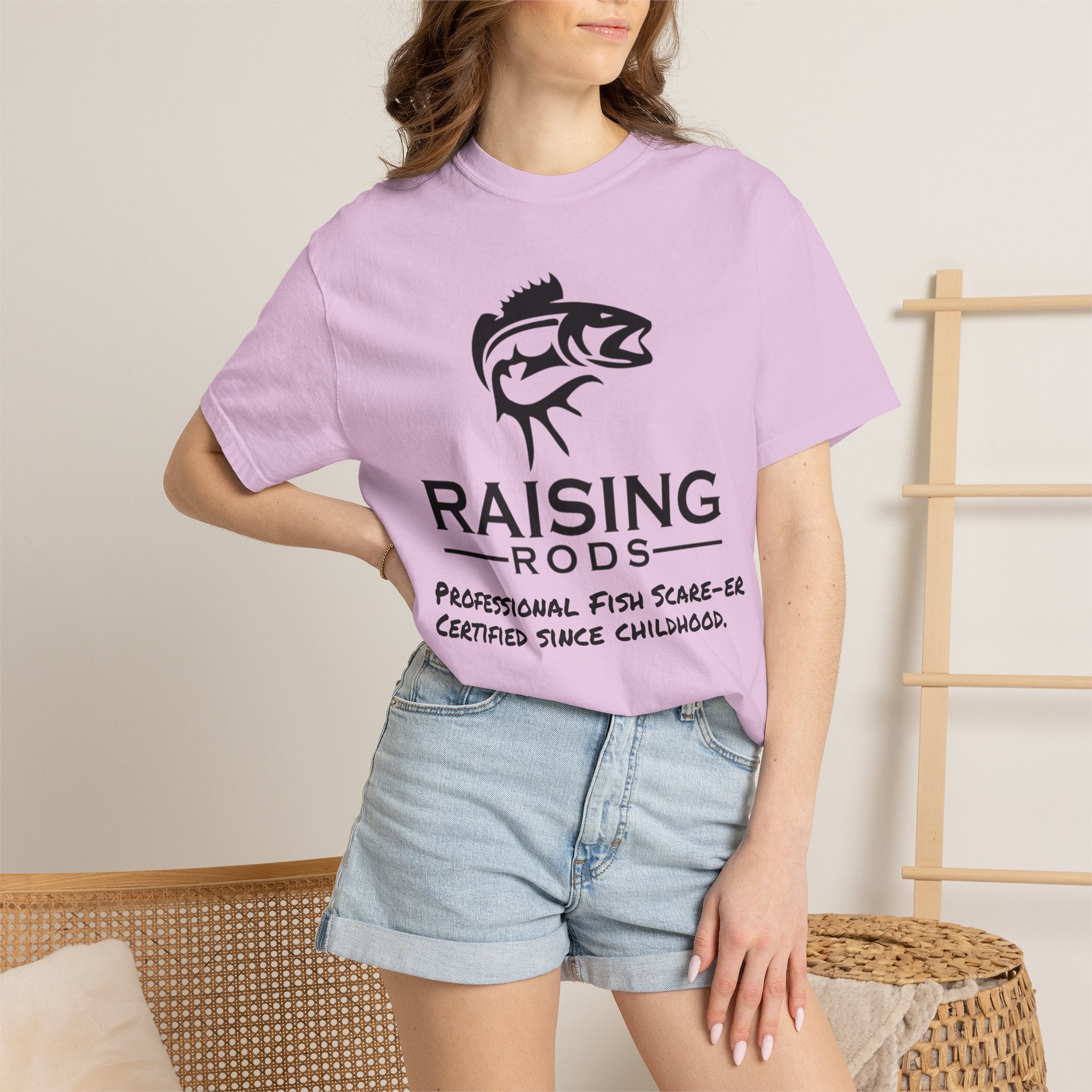 Raising Rods Fishing T‑Shirt — "Raising Rods: Professional Fish Scare-er, Certified Since Childhood"