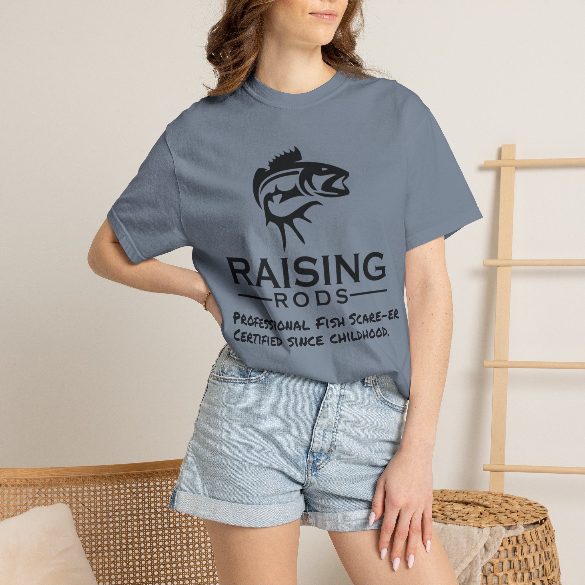 Raising Rods Fishing T‑Shirt — "Raising Rods: Professional Fish Scare-er, Certified Since Childhood"